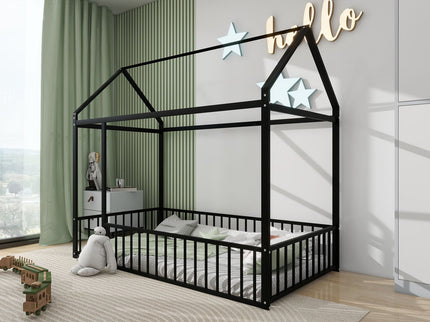 Metal Bed House Bed Frame With Fence