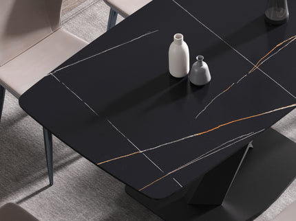 63" Artificial Stone Black Curved Black Metal Leg Dining Table - Black