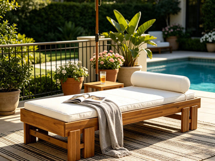 Daybed With Cushion & Pillow, Low Profile Design For Indoor / Outdoor Use - Cream / Teak