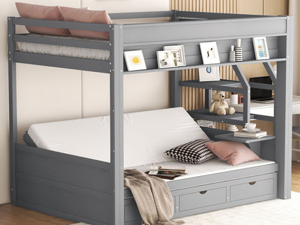Wood Full Size Convertible Bunk Bed With Storage Staircase, Bedside Table, And 3 Drawers - Gray