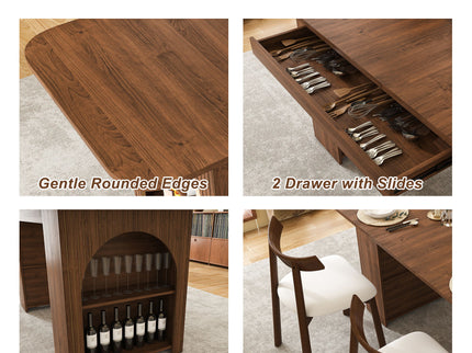 Dining Set With 4 Chairs, Table With Drawers & Open Shelf - Walnut