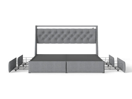 Platform Bed Frame With RGB LED Lights, Charging Station, Storage Headboard & 4 Underbed Drawers