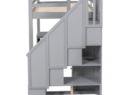 Loft Bed With L Shaped Desk, Drawers, Cabinet, And Storage Staircase