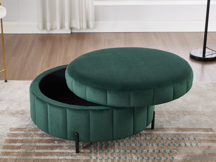 Upholstered Round Ottoman With Reversible Lid, Channel Tufted Pumpkin Shape