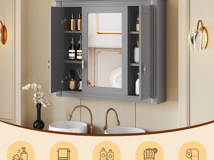 Wall Mounted Bathroom Cabinet With Mirror And 4 Shelves, Rectangular Design - Gray