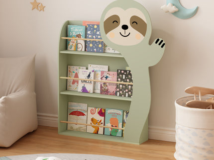Sloth Bookshelf, Front Facing Toddler Book Display Rack With 3 Tiers, Cute Animal Design - Sage Green