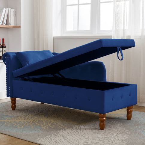 Chaise Lounge Indoor, Lounge Chair For Bedroom With Storage & Pillow, Modern Upholstered Rolled Arm Chase Lounge For Sleeping With Nailhead Trim For Living Room Bedroom Office