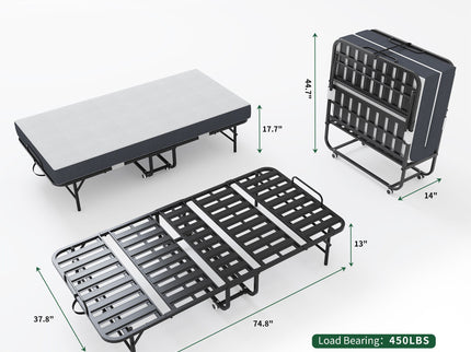 Twin Extra Long Folding Bed For Tall People, Heavy-Duty Rollaway Guest With Memory Foam Mattress - Black