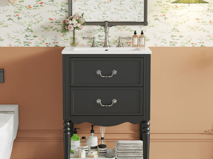 Wave Design Bathroom Vanity With Sink, 2 Drawers And Open Shelf
