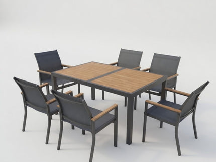 7 Piece Gray Aluminum Patio Dining Set With Textilene Chairs For Outdoor Living Frame With Accents, 59" Rectangle Table, All Weather Durable