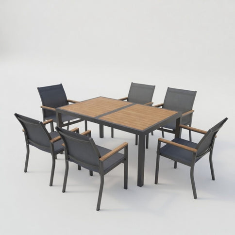 7 Piece Gray Aluminum Patio Dining Set With Textilene Chairs For Outdoor Living Frame With Accents, 59" Rectangle Table, All Weather Durable