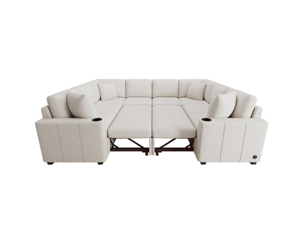 Modern U-Shaped Sectional Sofa Convertible Pull-Out Sofa Bed With USB Ports And Cup Holders