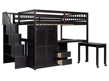 Loft Bed With Stairs, Bookshelf, Drawers, Desk & Wardrobe, Space Saving Multifunctional Furniture