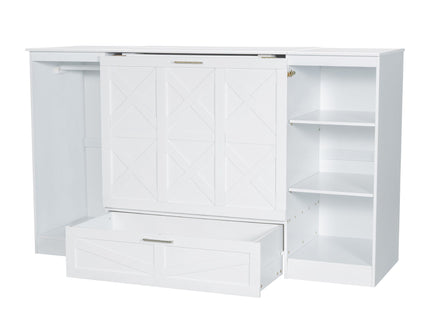 Twin Size Murphy Bed With Bedside Shelves And Wardrobe - White