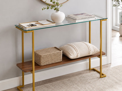 Console Table With Shelf, 2 Tier Living Room - Gold / Walnut
