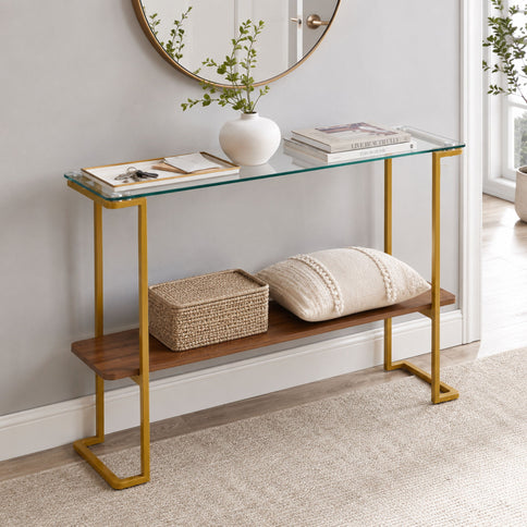 Console Table With Shelf, 2 Tier Living Room - Gold / Walnut