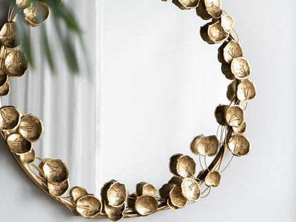 Round Metal Wall Mirror With en Leaf Accents, Modern Decor Mirror For Living Room Entryway Hallway - Gold