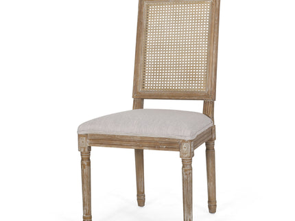French Country Dining Chair With Rectangular Cane Backrest And Smooth Upholstered Seating
