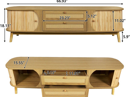 Rattan TV Stand For Tvs Up To 75'', Modern Farmhouse Media Console, Entertainment Center With Legs, TV Cabinet For Living Room, Home Theatre - Natural Wood