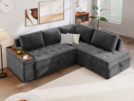 L Shaped Couch With Pull Out Bed And Storage Sectional Sleeper Sofa With Hidden Storage, Wide Armrest With Storage, For Living Room, Apartment, Bedroom, Office