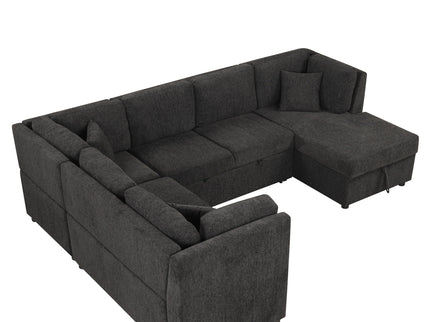 U-Shaped Sectional Sofa Pull Out Sofa Bed With Two USB Ports, Two Power Sockets, Three Back Pillows And A Storage Chaise For Living Room