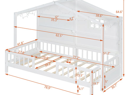 House Bed With Shelves, Window And Sparkling Light Strip On The Roof