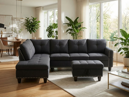 L - Shaped 3 Piece Sectional Sofa With Chaise, Storage Ottoman & Cup Holders