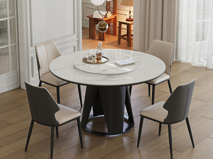 Modern Sintered Stone Dining Table With Round Turntable And Metal Pedestal - White
