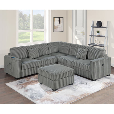 Upholstered L - Shaped 4 Piece Sectional Set With USB, Cocktail Ottoman