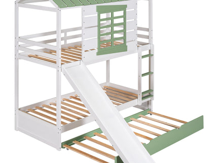 Twin Over Twin House Bunk Bed With Convertible Slide And Trundle - White