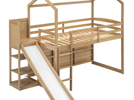 House Loft Bed With Slide, Storage Shelves And Light, Climbing Ramp