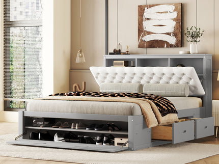 Platform Bed With Storage Headboard, Shoe Rack And 4 Drawers