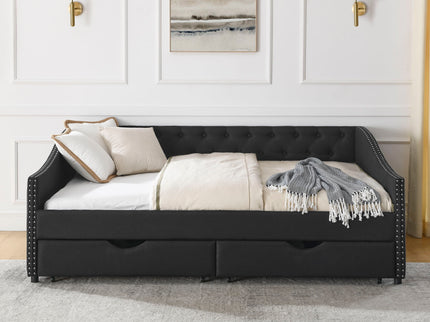 Upholstered Tufted Daybed With 2 Drawers, Waved Arms