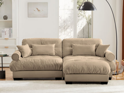 Modern Sectional Sofa With Ottoman, Round Bolster Armrests, Waist And Throw Pillows