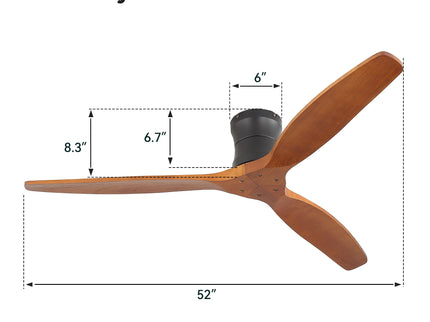 52" Ceiling Fan, No Light Flush Mount Low Profile 3 Blades With Remote Control
