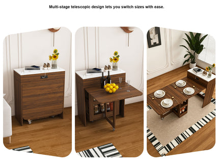 Extendable Dining Table With Power Socket, Lockable Casters, Storage Cabinet