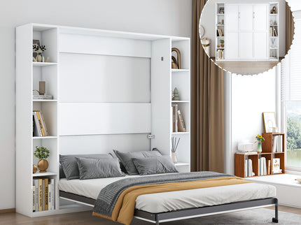Queen Murphy Bed With Storage Cabinet, Foldable Wall Bed For Bedrooms - White