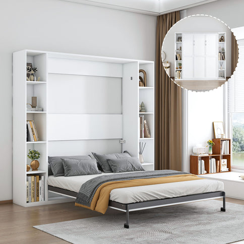 Queen Murphy Bed With Storage Cabinet, Foldable Wall Bed For Bedrooms - White