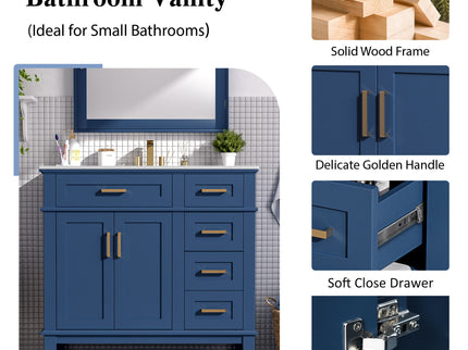 Bathroom Vanity With Ceramic Sink, Soft-Close Doors, 4 Storage Drawers - Blue