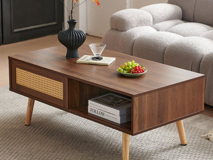 41.34" Rattan Coffee Table, Sliding Door For Storage, Solid Wood Legs, Modern Table For Living Room