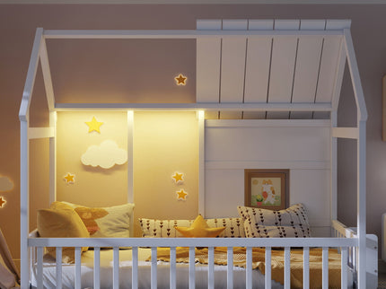 House Floor Bed With 7 Color LED Light, Built In Bookshelf