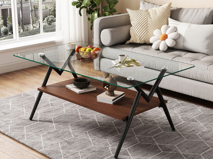 Rectangle Coffee Table With Tempered Glass Top And Shelf