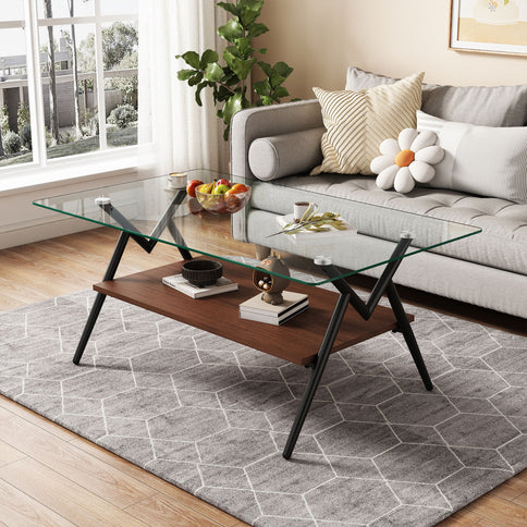 Rectangle Coffee Table With Tempered Glass Top And Shelf