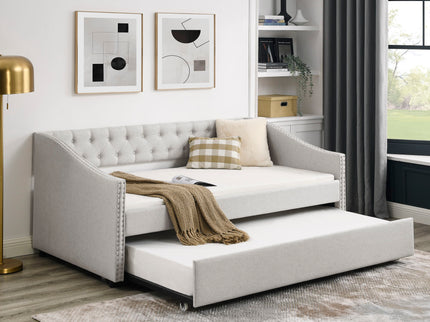 Upholstered Tufted Daybed With Drawers, Waved Arms