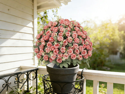 Artificial Rose Decoration With UV Resistant Silk Petals, Durable Stems In Cement Pot, Indoor Outdoor Potted Floral Arrangement - Green / Pink