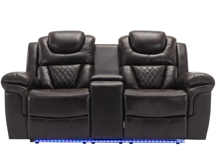 3 Pieces Recliner Sofa Sets Home Theater Seating Manual Recliner Chair & Center Console And LED Light Strip For Living Room - Brown