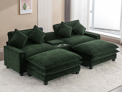 Sectional Sofa Upholstered Sofa With Two Removable Ottoman, Two USB Ports, Two Cup Holders And Large Storage Box For Living Room