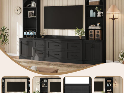 Arched Entertainment Center Wall Unit With 6 Drawers, Large TV Stand With Bookshelves