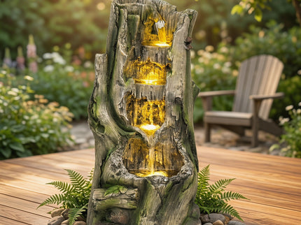 Outdoor Water Fountain, Tree Stump Cascading Fountain With Warm LED Lights - Earthy Yellow