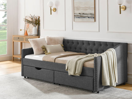 Upholstered Tufted Daybed With 2 Drawers, Waved Arms
